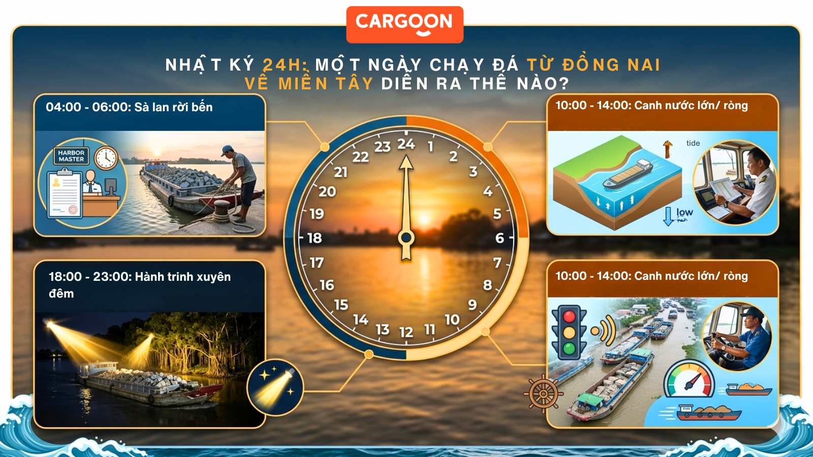 alt="Infographic: Nhật ký 24h vận chuyển đá từ Đồng Nai về miền Tây - Theo dõi thủy triều và lộ trình"