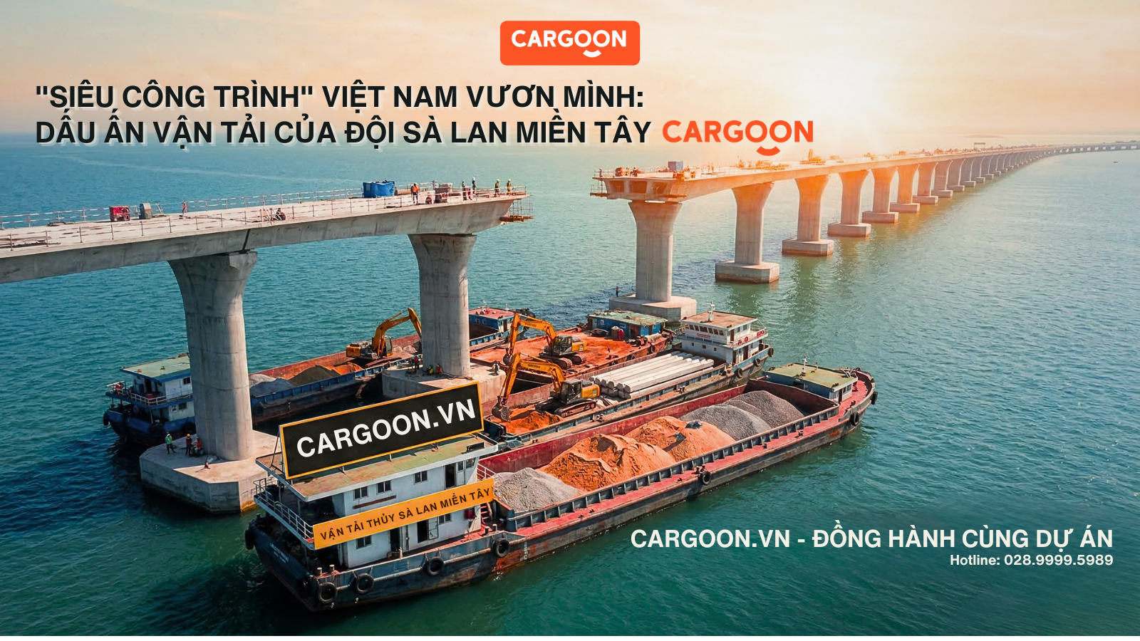 A realistic flycam view of CargoOn barges loaded with materials at the base of a massive sea bridge under construction in Vietnam, bathed in golden morning light.