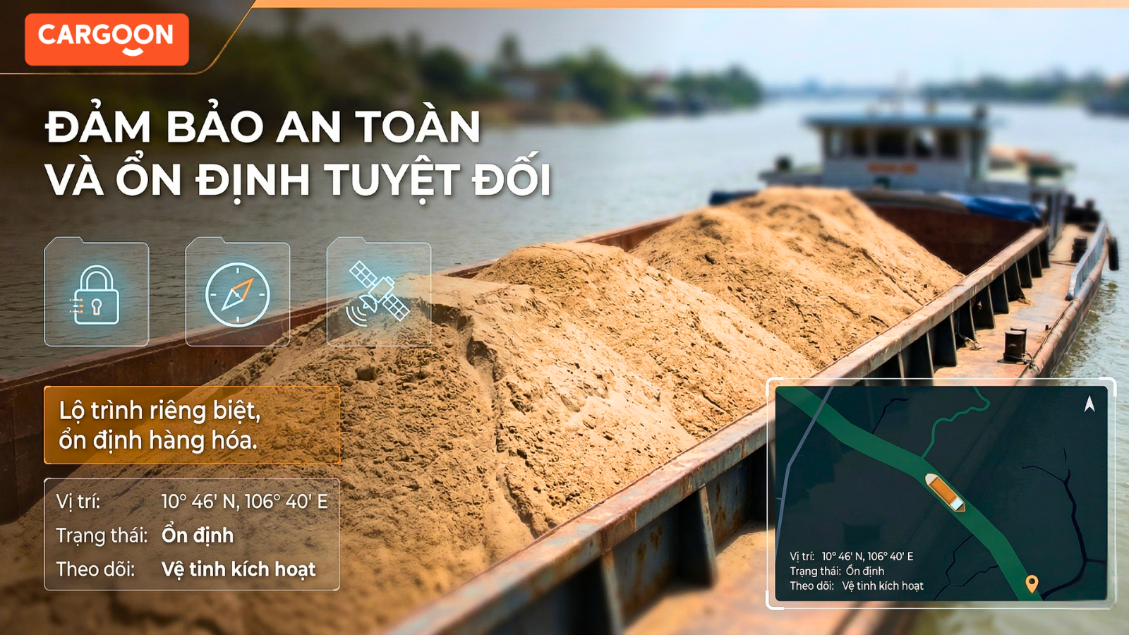 Hệ thống định vị vệ tinh theo dõi sà lan vận chuyển cát đá nội địa CargoOn đảm bảo an toàn và ổn định hàng hóa 24/7.