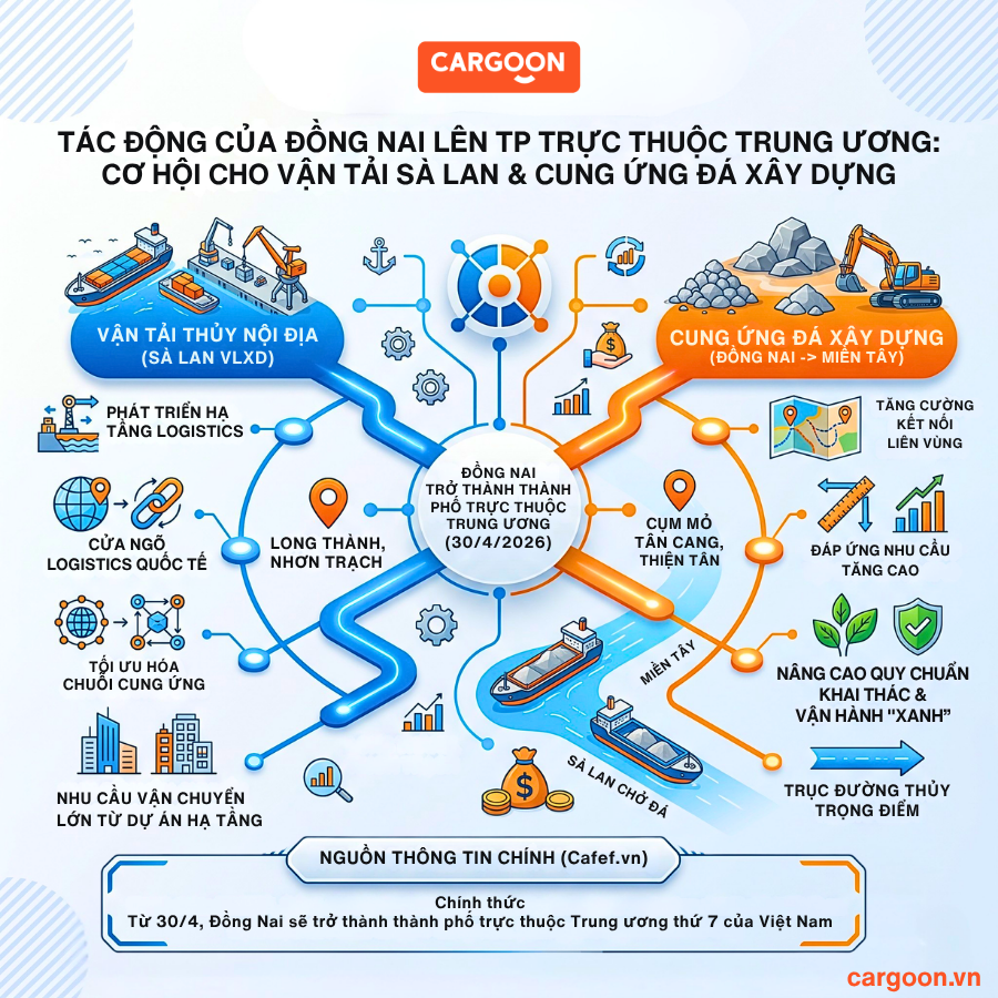 Sơ đồ tư duy về vai trò của sà lan chở đá khi Đồng Nai lên thành phố trực thuộc Trung ương)