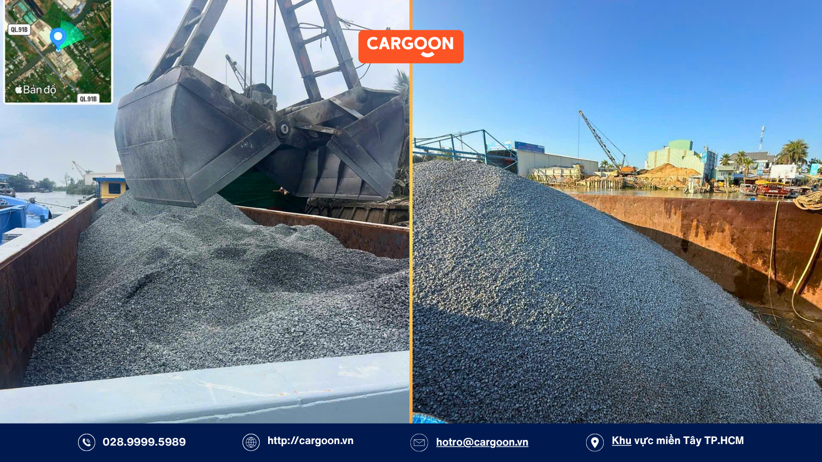 Hình ảnh thực tế sà lan chở đá xây dựng chuẩn mỏ đang giao tận công trình tại miền Tây.